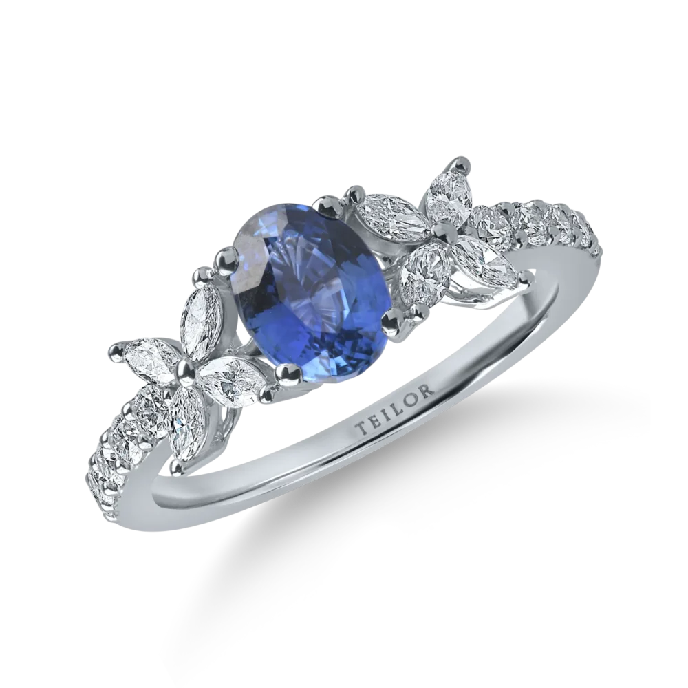 Inel din aur alb cu safir oval de 1.55ct si diamante de 0.5ct