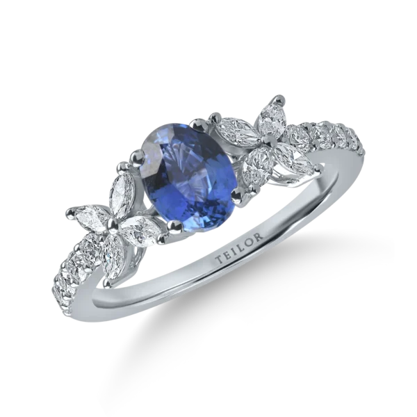 Inel din aur alb cu safir oval de 1.55ct si diamante de 0.5ct