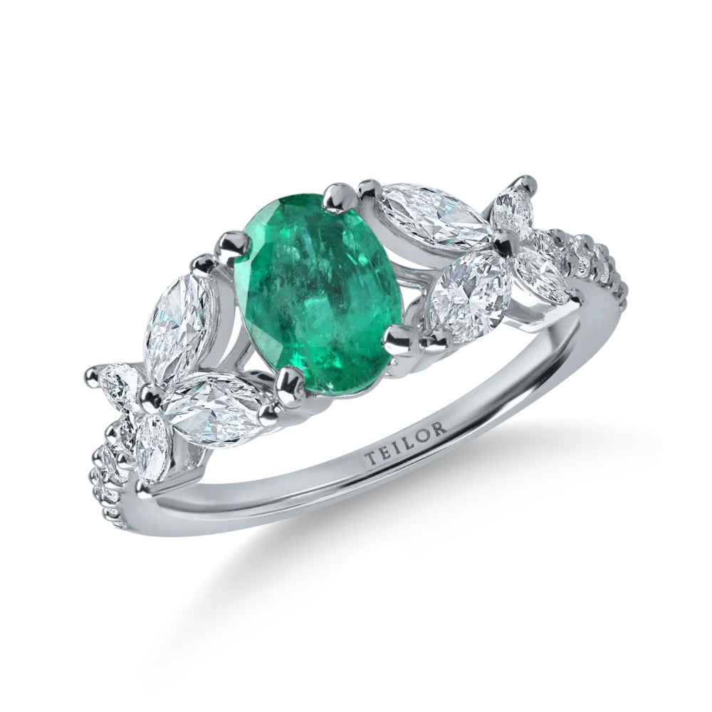 Inel din aur alb cu smarald oval de 1.1ct si diamante de 0.95ct