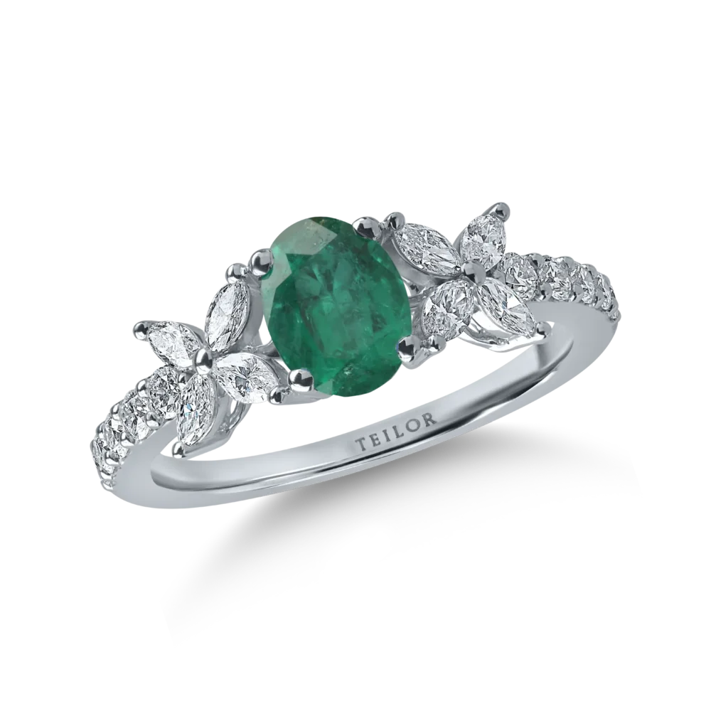 Inel din aur alb cu smarald oval de 0.89ct si diamante de 0.5ct