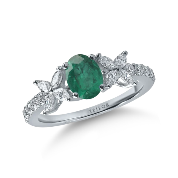 Inel din aur alb cu smarald oval de 0.89ct si diamante de 0.5ct