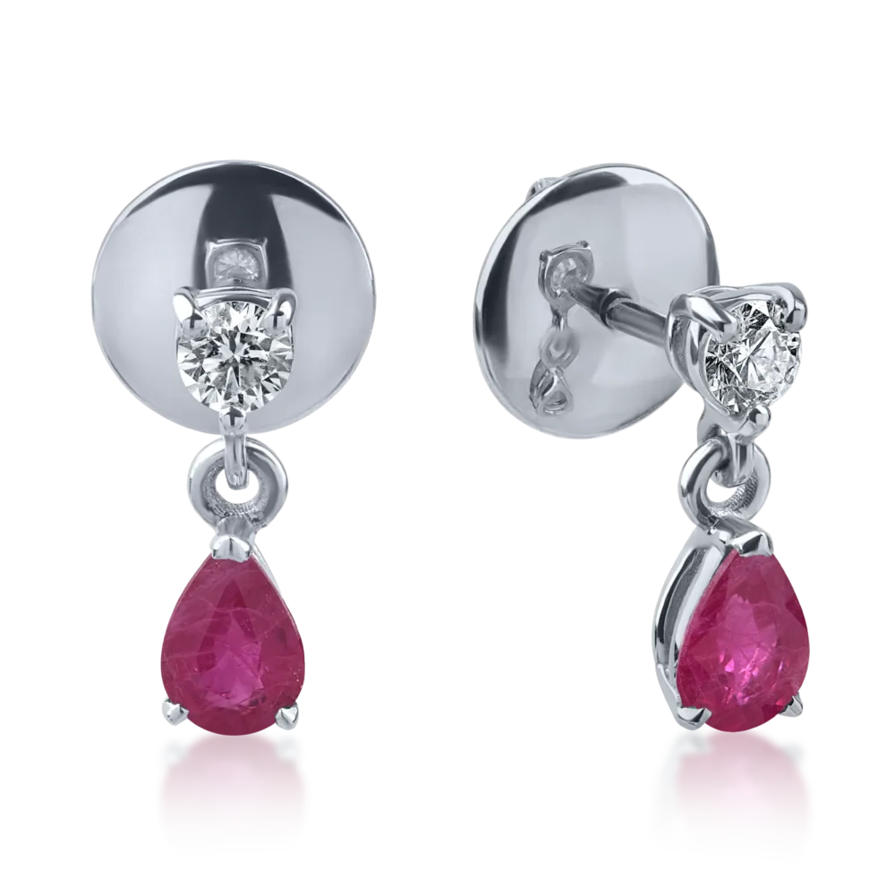 Cercei din aur alb cu rubine pear de 0.8ct si diamante de 0.2ct