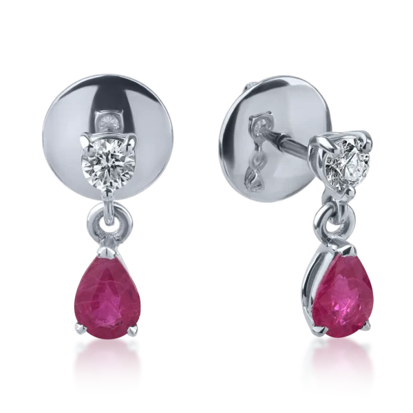 Cercei din aur alb cu rubine pear de 0.8ct si diamante de 0.2ct