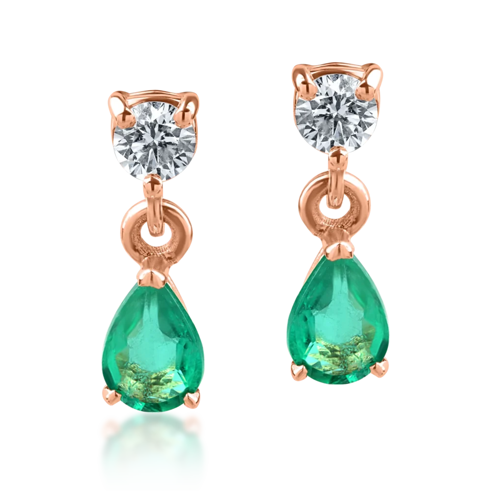 Cercei din aur roz cu smaralde pear de 0.5ct si diamante de 0.2ct - imagine 2