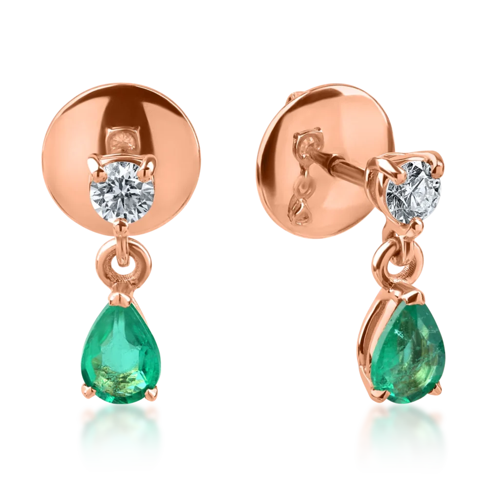 Cercei din aur roz cu smaralde pear de 0.5ct si diamante de 0.2ct