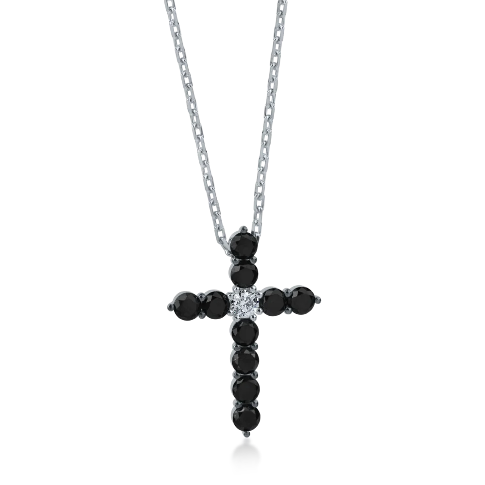 Lant cu pandantiv cruce din aur alb cu diamante negre si incolore de 4.23ct