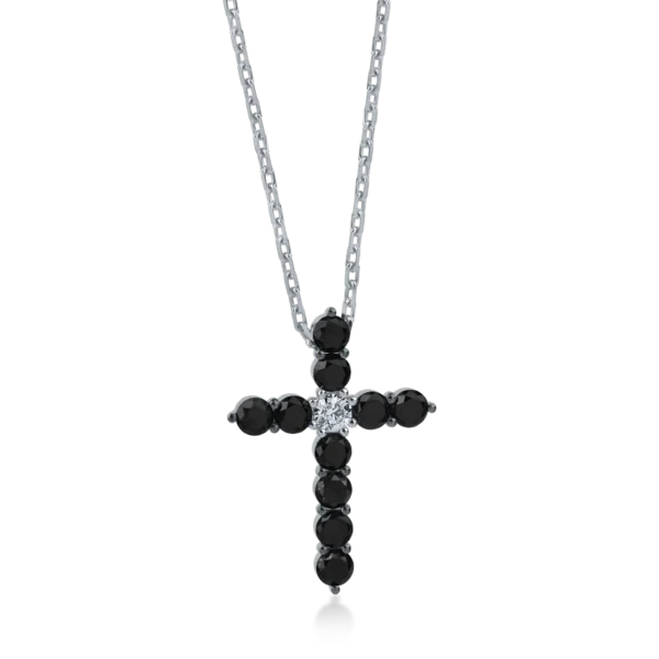 Lant cu pandantiv cruce din aur alb cu diamante negre si incolore de 4.23ct