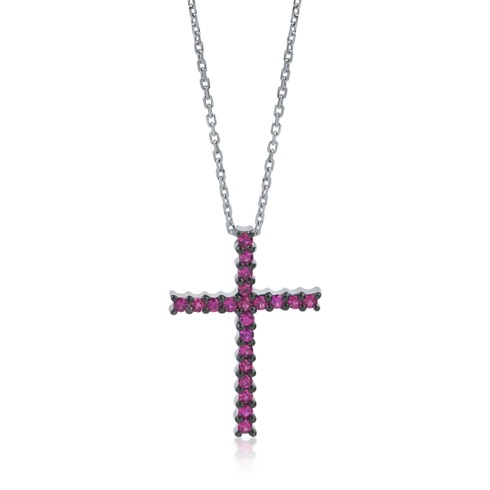 Lant cu pandantiv cruce din aur alb cu rubine de 0.42ct