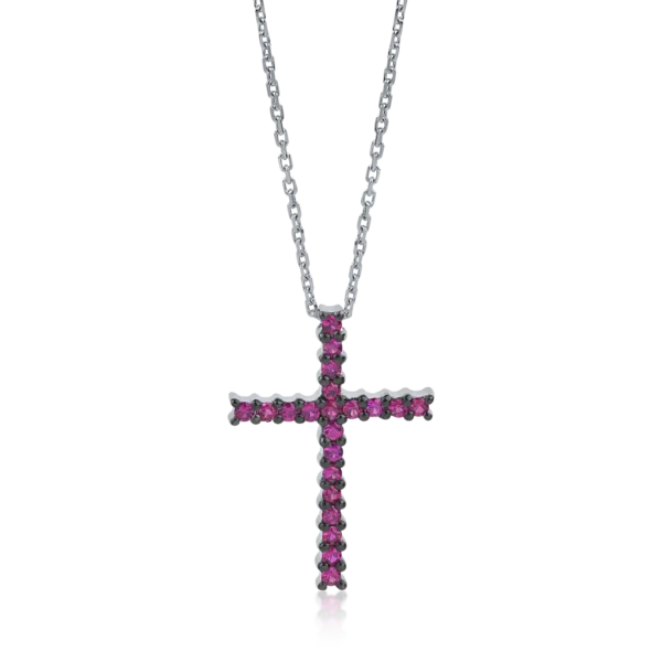 Lant cu pandantiv cruce din aur alb cu rubine de 0.42ct