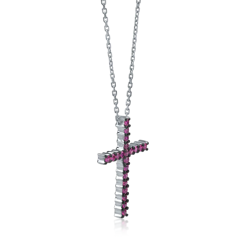 Lant cu pandantiv cruce din aur alb cu rubine de 0.42ct - imagine 2