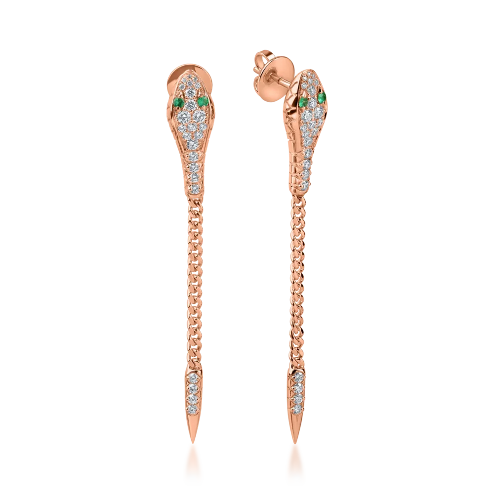 Cercei din aur roz cu smaralde de 0.1ct si diamante de 1ct