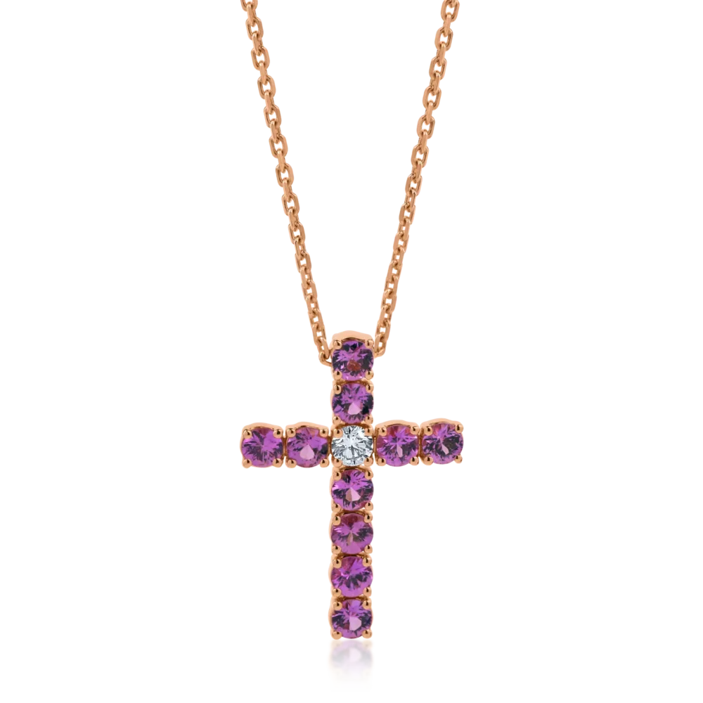 Lant cu pandantiv cruce din aur roz cu safire roz si diamante de 3.31ct