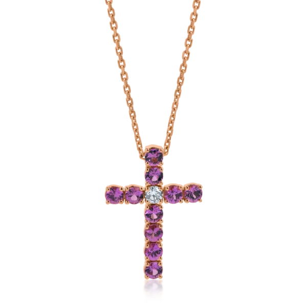 Lant cu pandantiv cruce din aur roz cu safire roz si diamante de 3.31ct