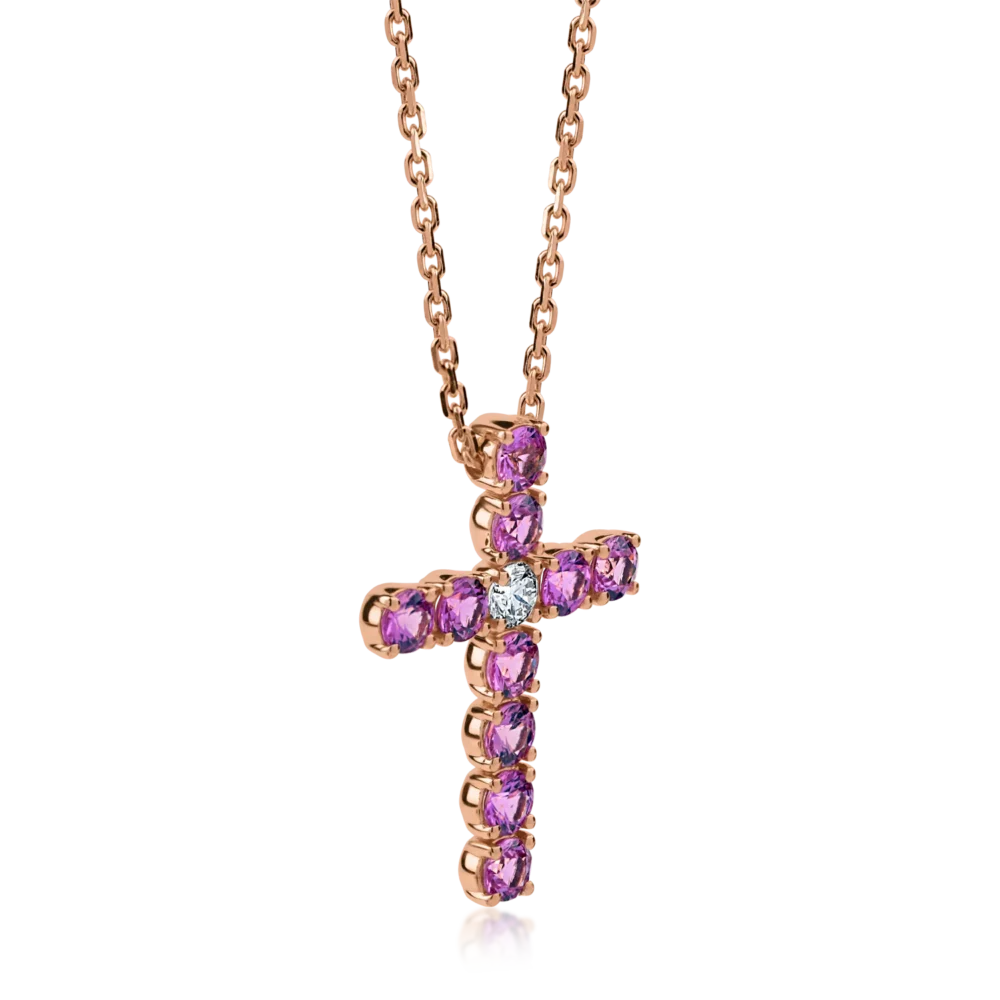 Lant cu pandantiv cruce din aur roz cu safire roz si diamante de 3.31ct - imagine 2