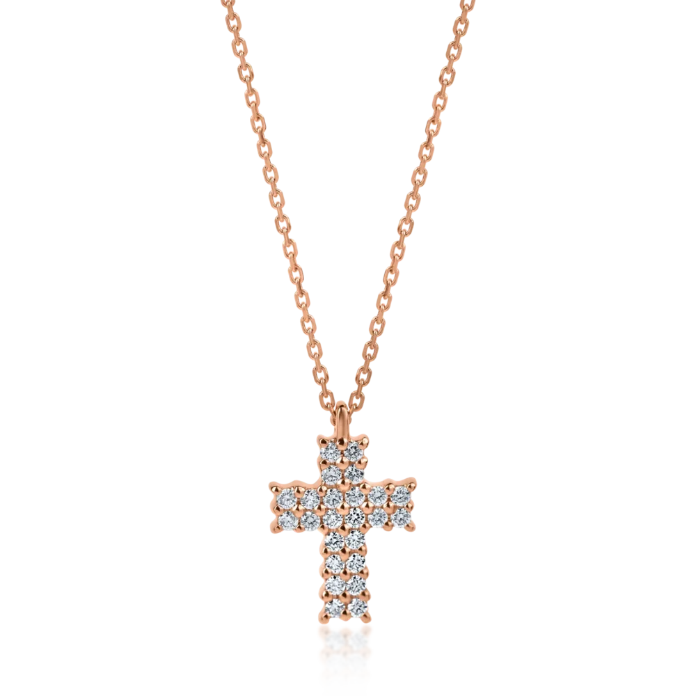 Lant cu pandantiv cruce din aur roz cu diamante de 0.33ct