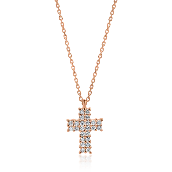 Lant cu pandantiv cruce din aur roz cu diamante de 0.33ct
