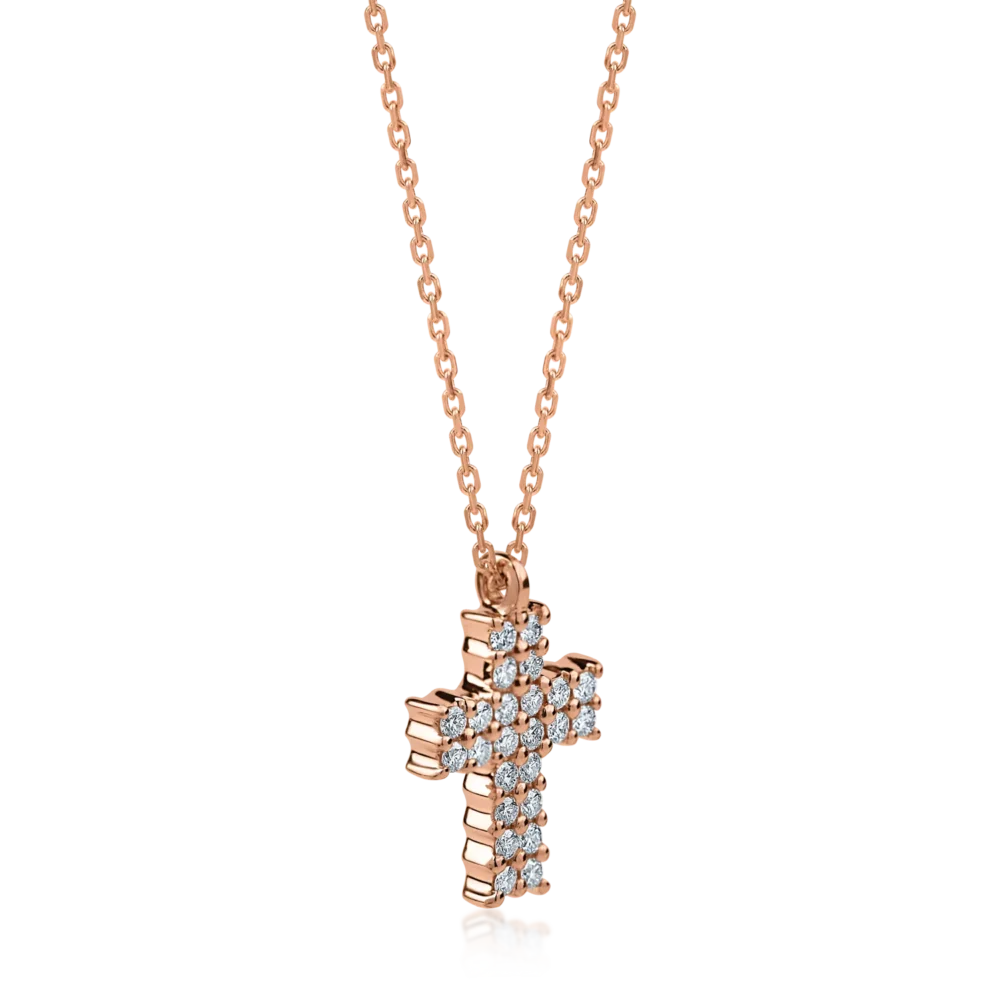 Lant cu pandantiv cruce din aur roz cu diamante de 0.33ct - imagine 2