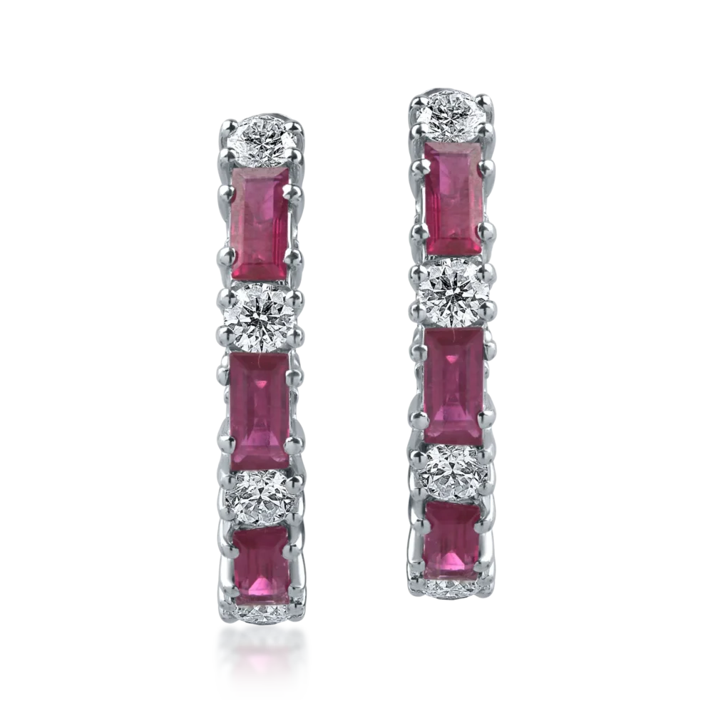 Cercei din aur alb cu rubine baguette de 0.8ct si diamante rotunde de 0.2ct - imagine 2