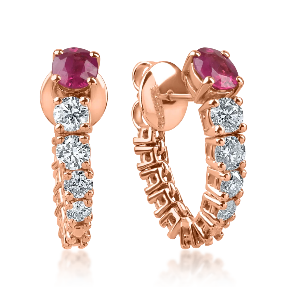Cercei din aur roz cu rubine ovale de 0.95ct si diamante de 0.74ct