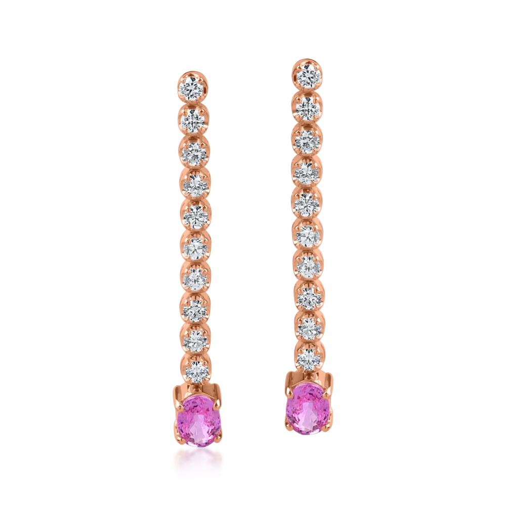Cercei din aur roz cu safire roz ovale de 1.3ct si diamante de 0.86ct - imagine 2