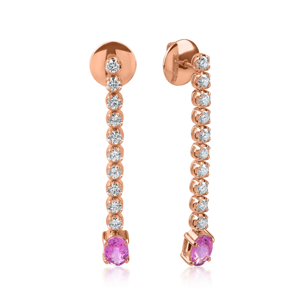 Cercei din aur roz cu safire roz ovale de 1.3ct si diamante de 0.86ct
