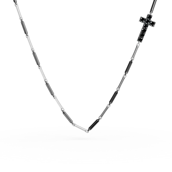 Lant cu pandantiv cruce din aur alb-negru cu zirconii albe si negre