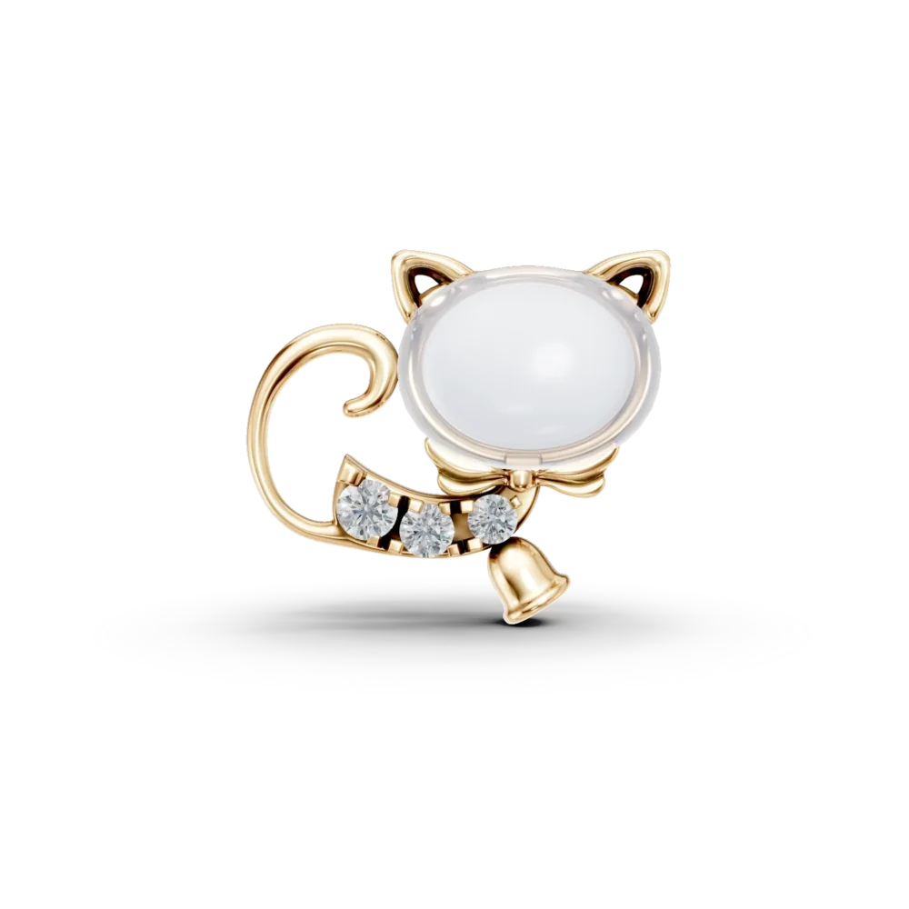 Pandantiv pisicuta din aur galben cu topaz alb oval de 0.6ct si diamante de 0.02ct pentru copii