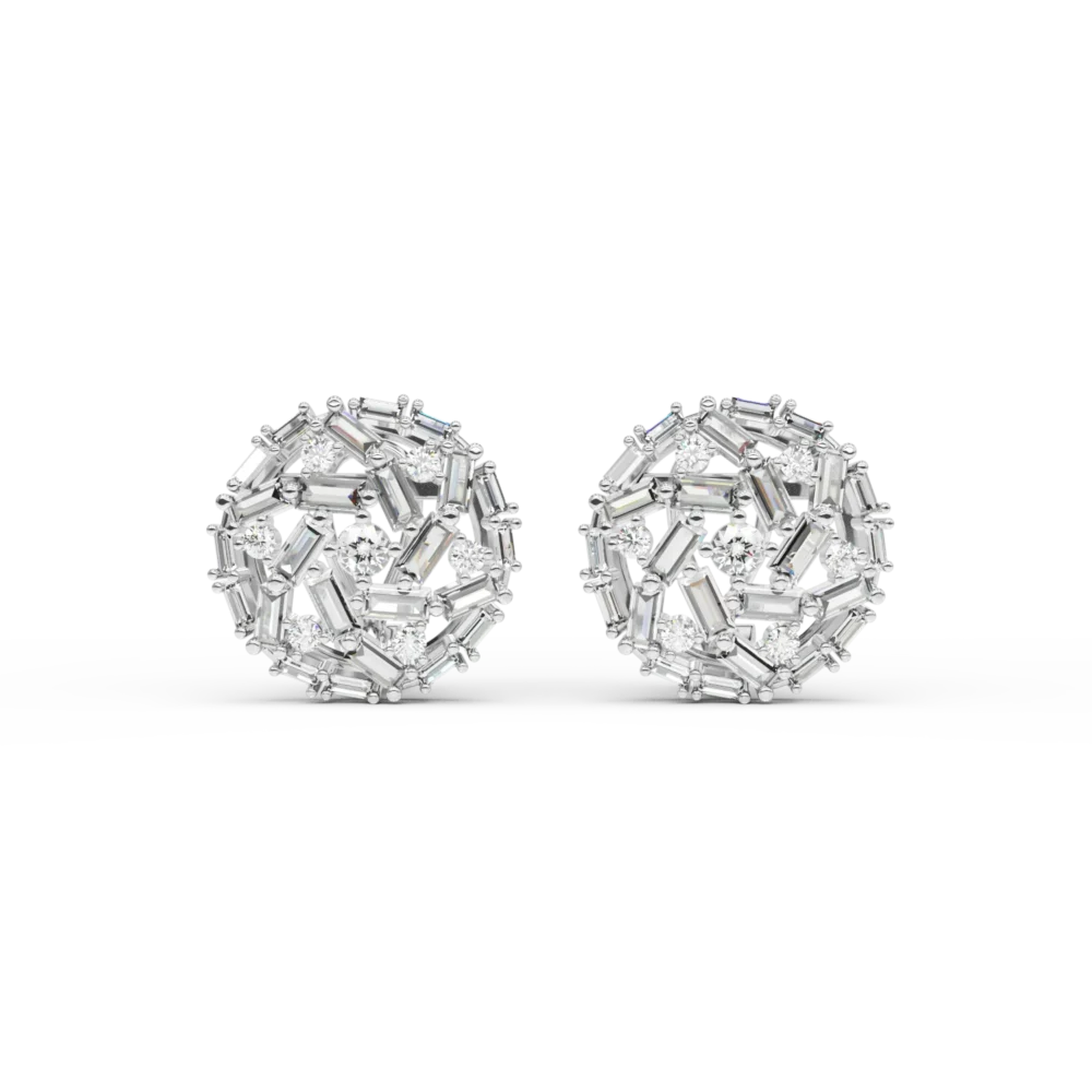 Cercei rotunzi din aur alb cu diamante baguette si rotunde de 2.1ct