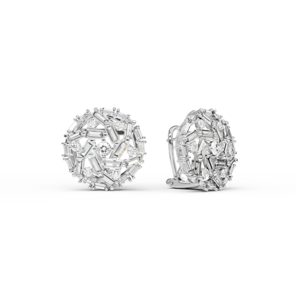 Cercei rotunzi din aur alb cu diamante baguette si rotunde de 2.1ct - imagine 2