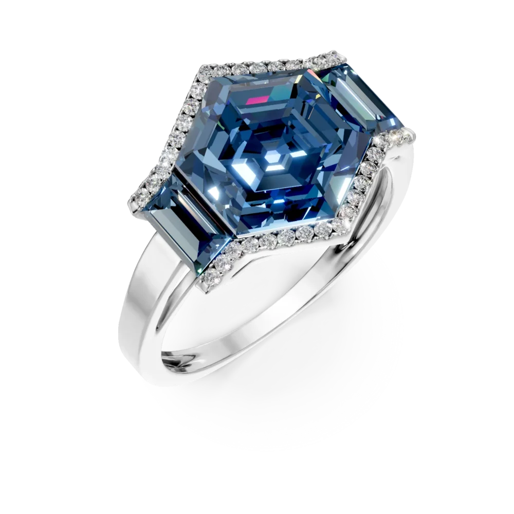 Inel geometric din aur alb cu topaze hexagonale si baguette de 7.1ct si diamante de 0.1ct