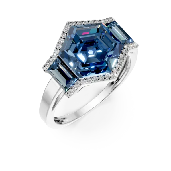 Inel geometric din aur alb cu topaze hexagonale si baguette de 7.1ct si diamante de 0.1ct