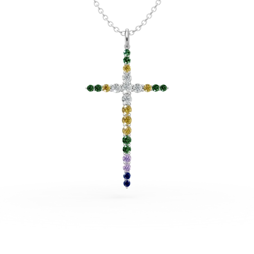 Lant cu pandantiv cruce din aur alb cu pietre pretioase si semipretioase de 1ct