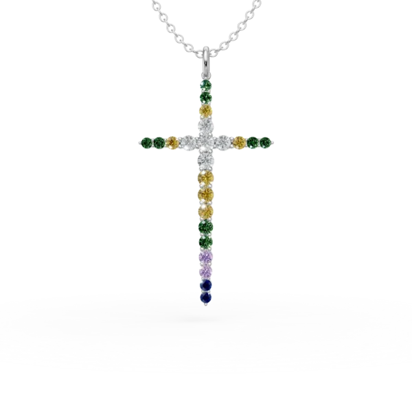 Lant cu pandantiv cruce din aur alb cu pietre pretioase si semipretioase de 1ct