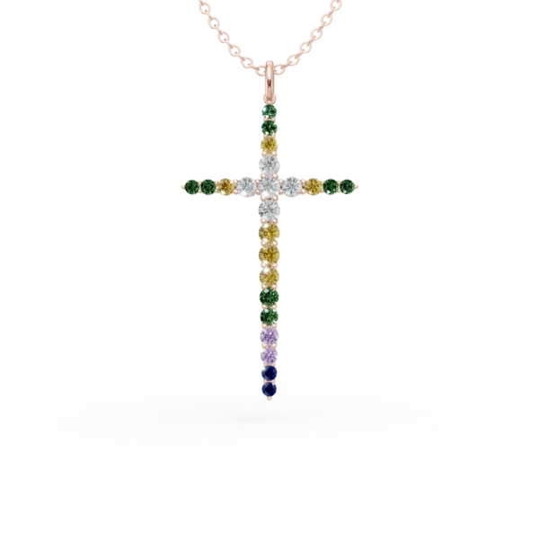 Lant cu pandantiv cruce din aur roz cu pietre pretioase si semipretioase de 1ct