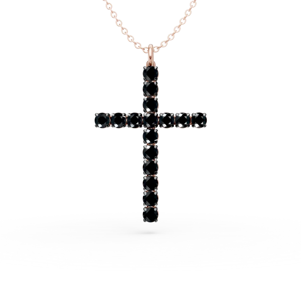 Lant cu pandantiv cruce din aur roz cu diamante negre de 1.5ct
