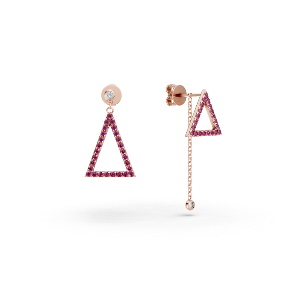 Cercei geometrici din aur roz cu safire roz de 0.5ct si diamante de 0.07ct