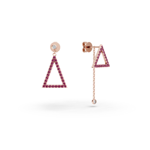 Cercei geometrici din aur roz cu safire roz de 0.5ct si diamante de 0.07ct