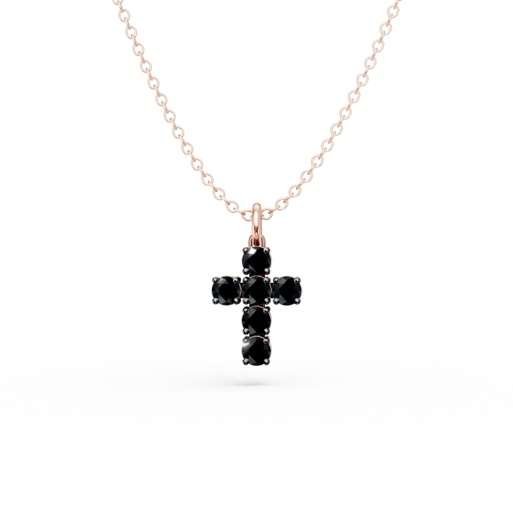 Lant cu pandantiv cruce din aur roz cu diamante negre de 0.6ct