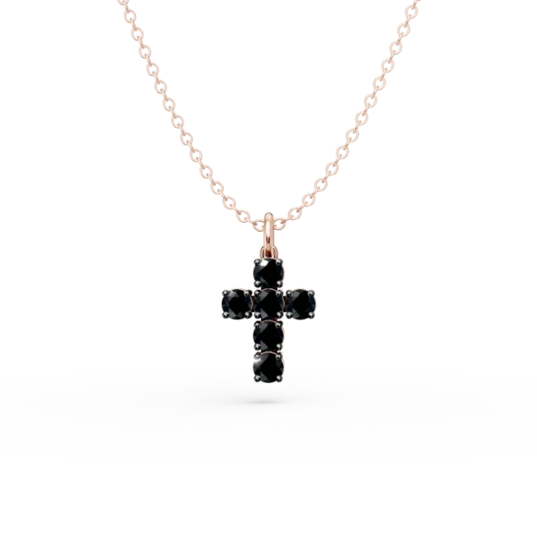 Lant cu pandantiv cruce din aur roz cu diamante negre de 0.6ct