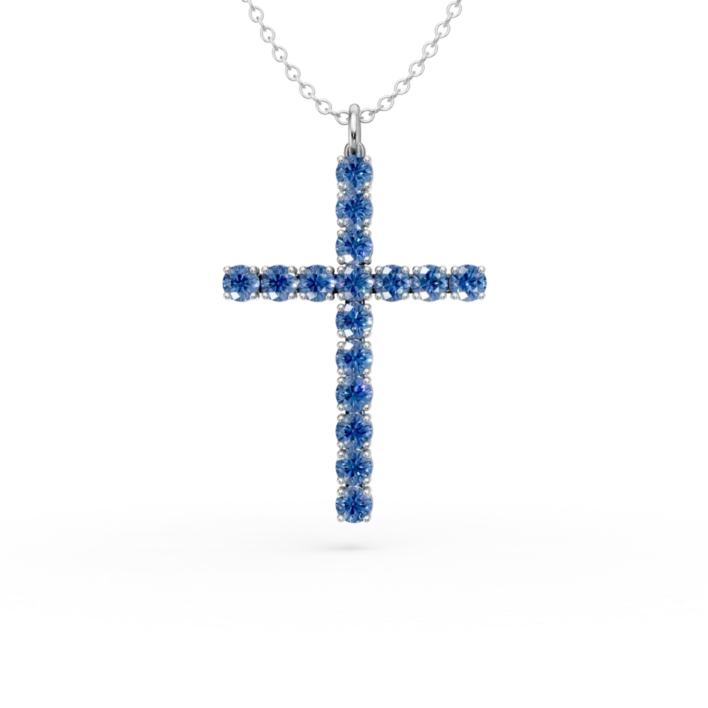 Lant cu pandantiv cruce din aur alb cu safire de 1.3ct