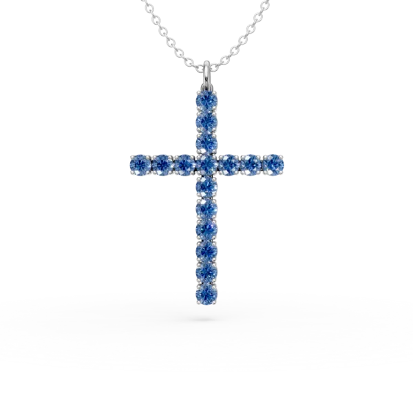 Lant cu pandantiv cruce din aur alb cu safire de 1.3ct