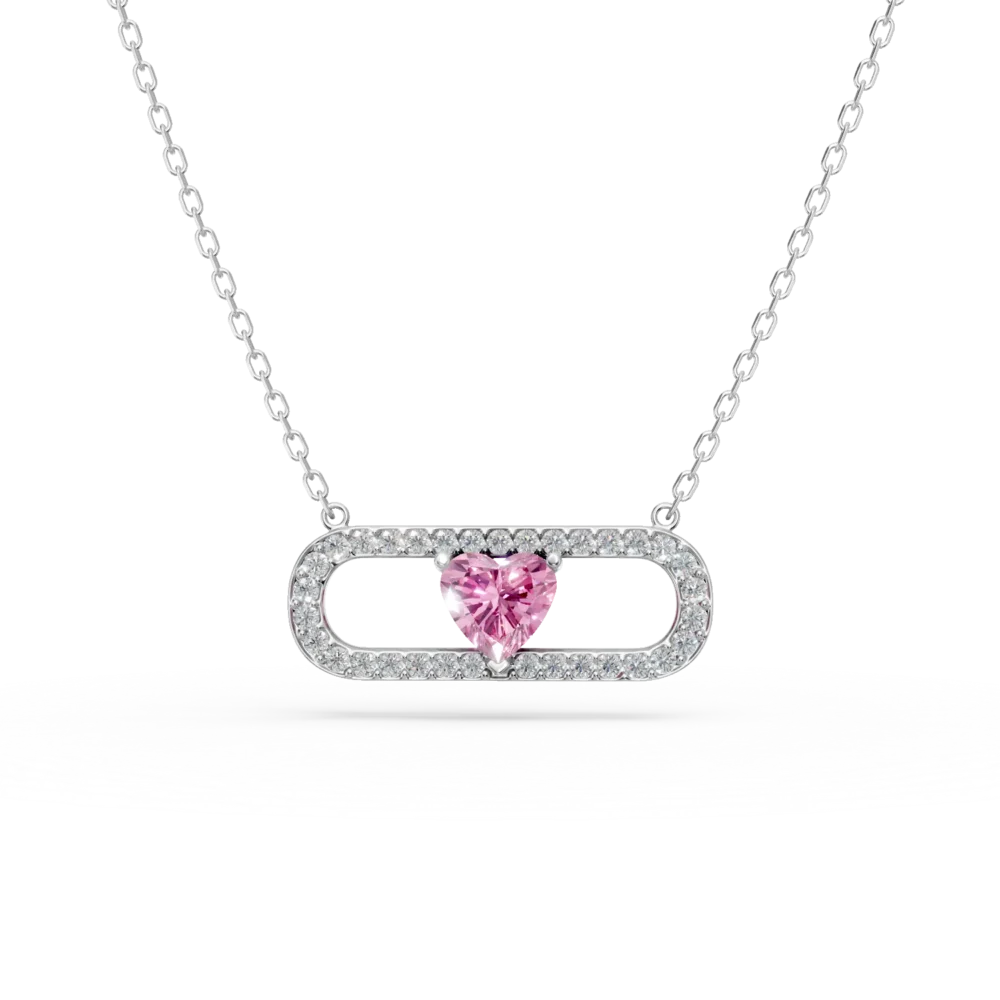 Lant cu pandantiv geometric din aur alb cu zirconii roz si transparente