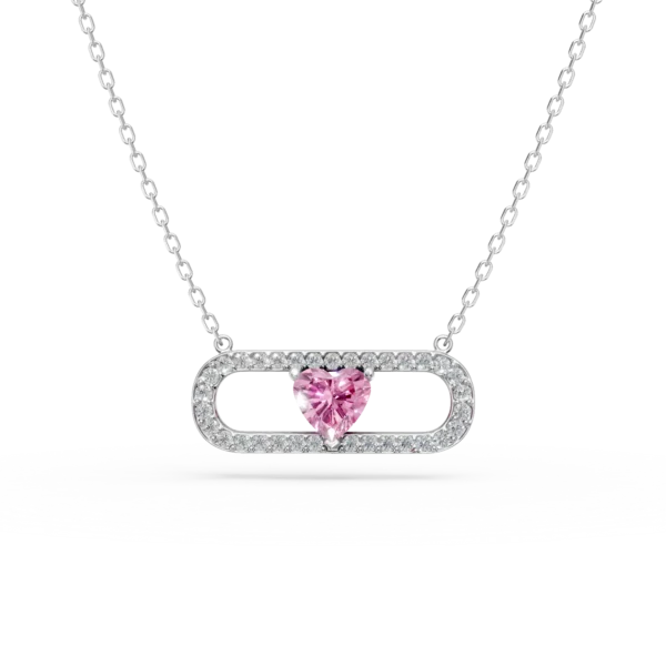 Lant cu pandantiv geometric din aur alb cu zirconii roz si transparente