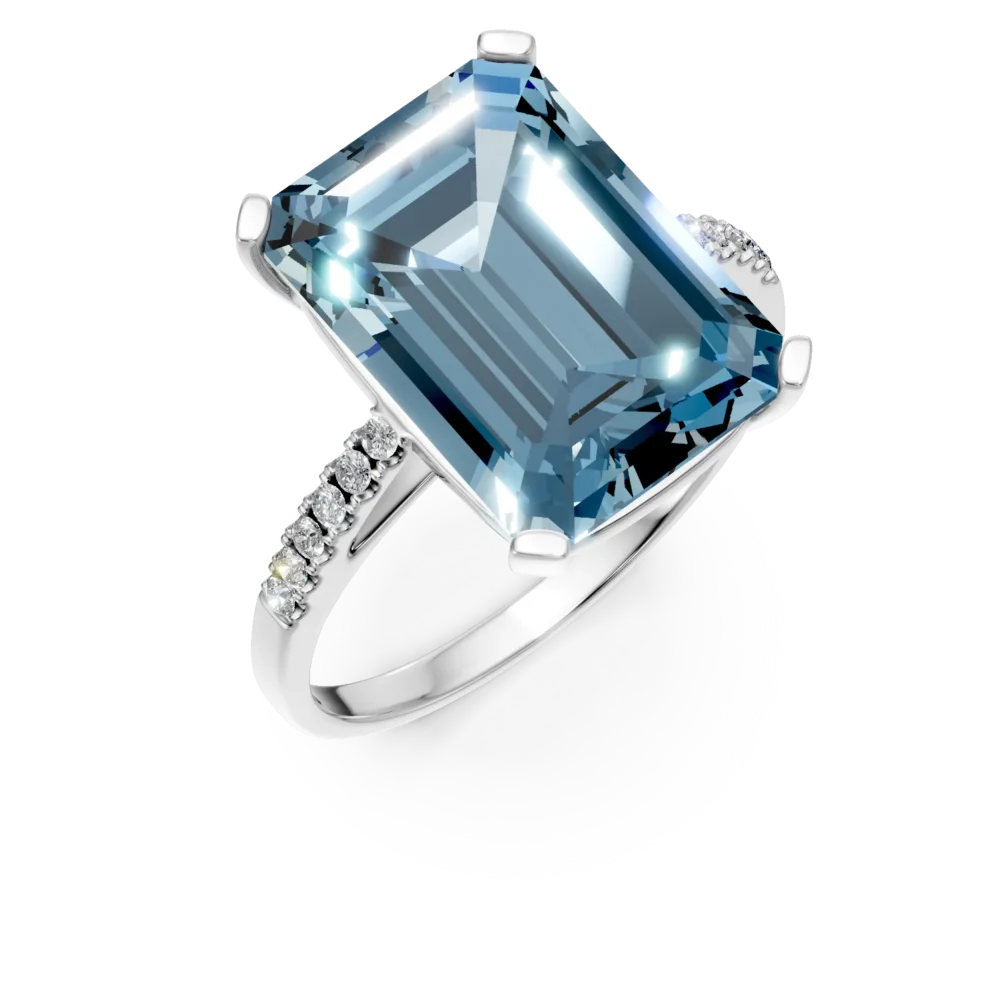 Inel geometric din aur alb cu topaz albastru octogonal de 9.3ct si diamante de 0.1ct