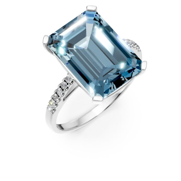 Inel geometric din aur alb cu topaz albastru octogonal de 9.3ct si diamante de 0.1ct