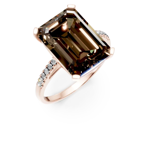 Inel geometric din aur roz cu cuart fumuriu octogonal de 7.3ct si diamante de 0.1ct