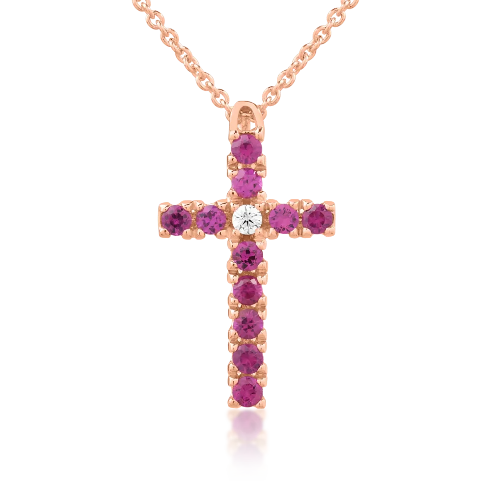 Lant cu pandantiv cruce din aur roz cu diamant de 0.03ct si rubine de 0.4ct