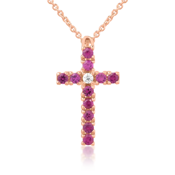 Lant cu pandantiv cruce din aur roz cu diamant de 0.03ct si rubine de 0.4ct