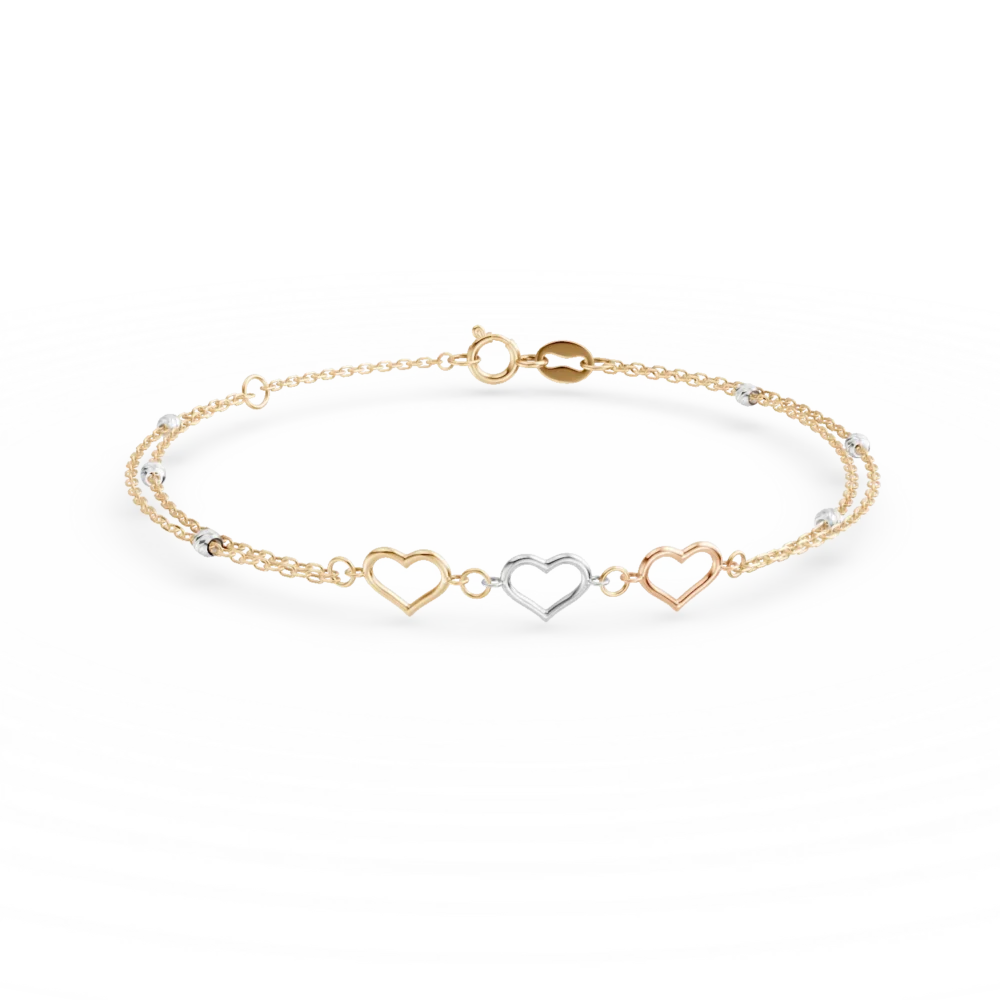 Bratara cu inimioare din aur alb-roz-galben