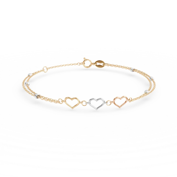 Bratara cu inimioare din aur alb-roz-galben